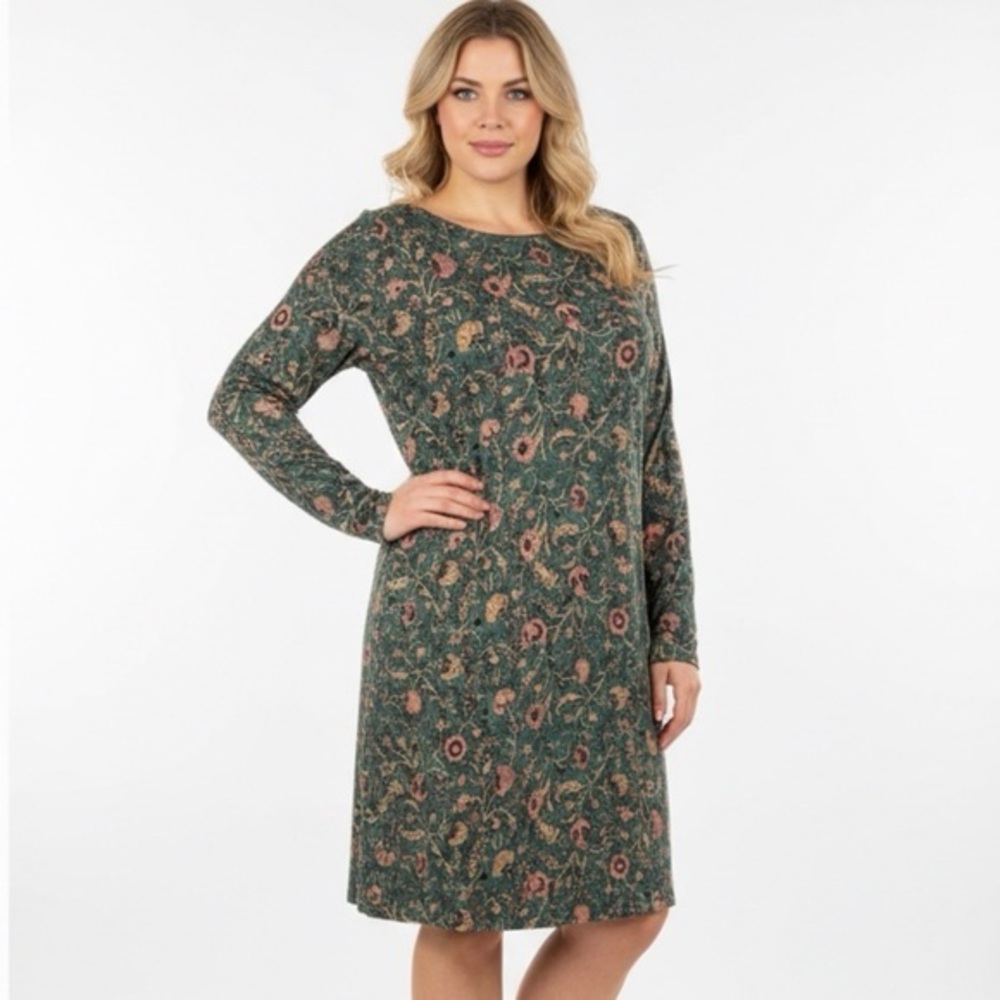PERUVIAN CONNECTION Orla Dark Green Wildflower Floral Shift Dress Pockets Medium